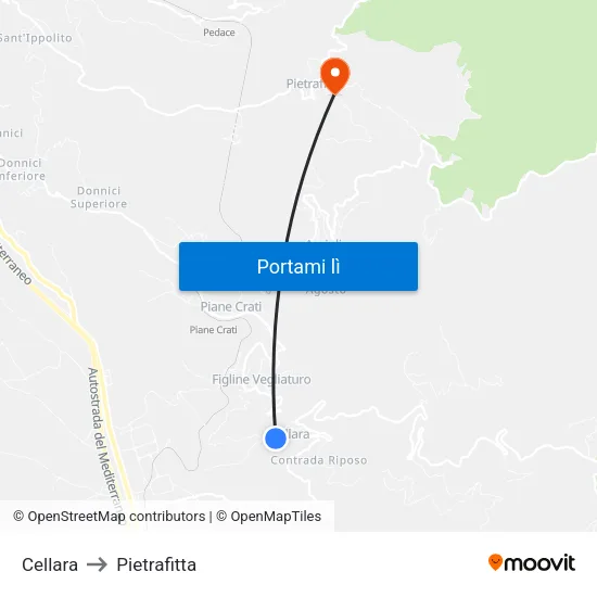 Cellara to Pietrafitta map