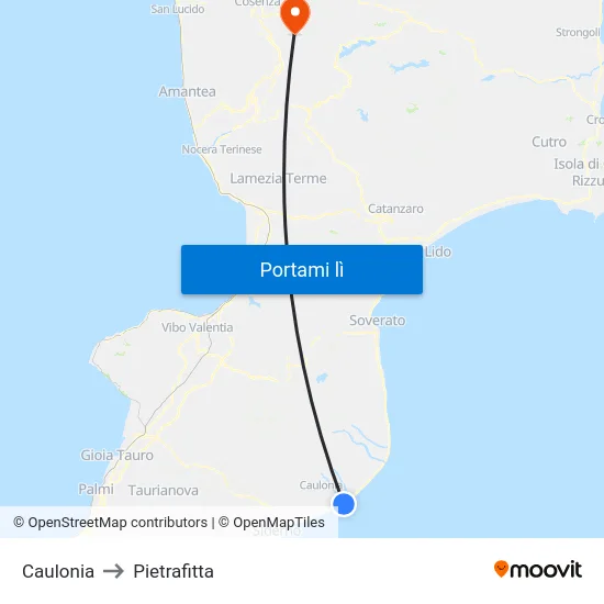 Caulonia to Pietrafitta map