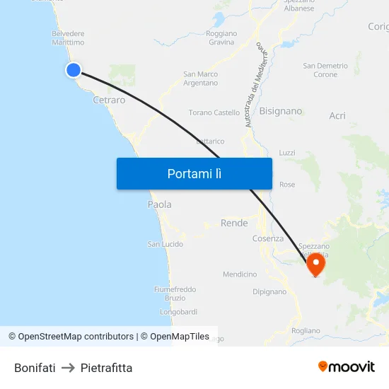 Bonifati to Pietrafitta map