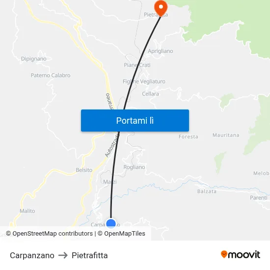 Carpanzano to Pietrafitta map