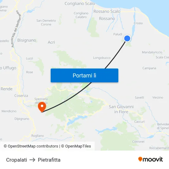 Cropalati to Pietrafitta map