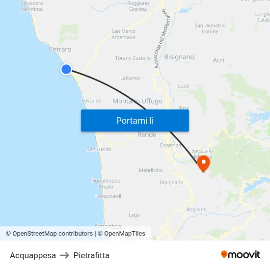 Acquappesa to Pietrafitta map