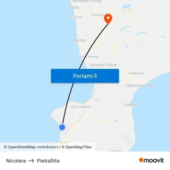 Nicotera to Pietrafitta map