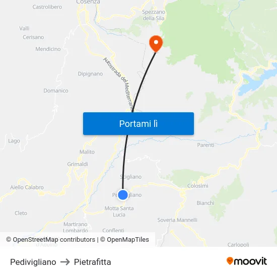 Pedivigliano to Pietrafitta map