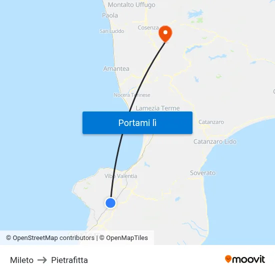 Mileto to Pietrafitta map