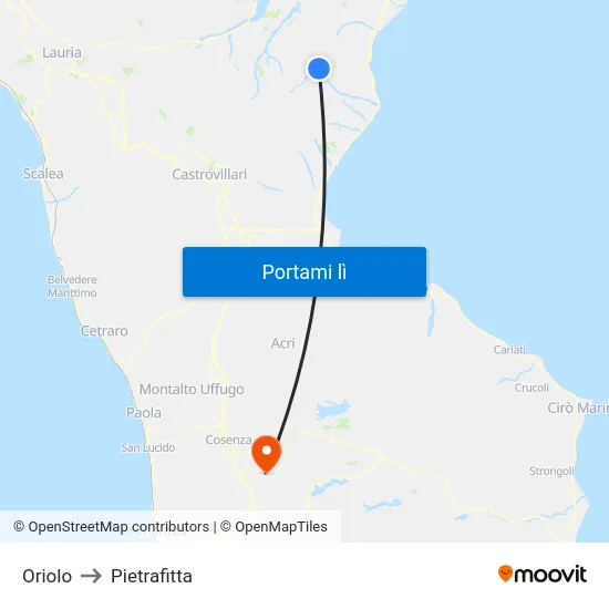 Oriolo to Pietrafitta map