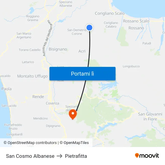 San Cosmo Albanese to Pietrafitta map