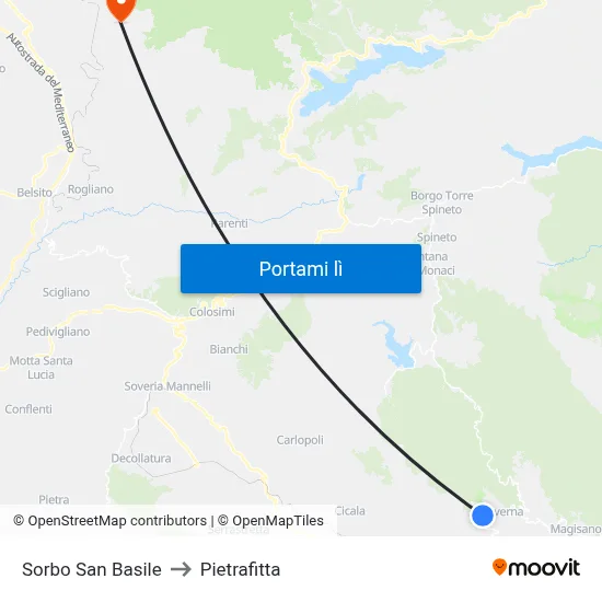 Sorbo San Basile to Pietrafitta map