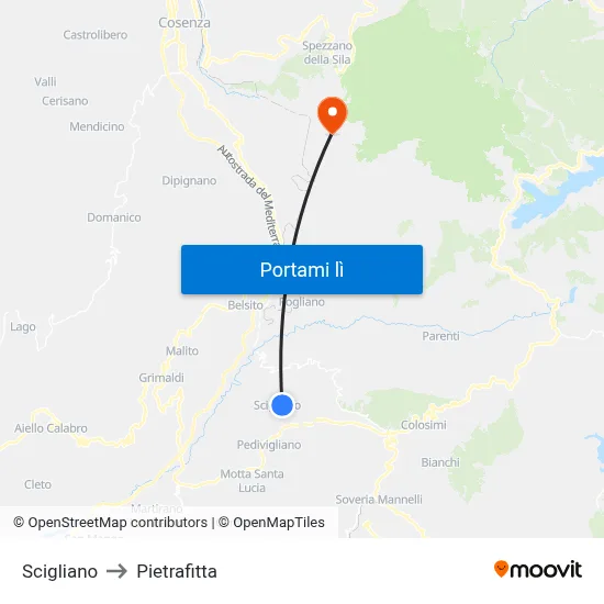 Scigliano to Pietrafitta map
