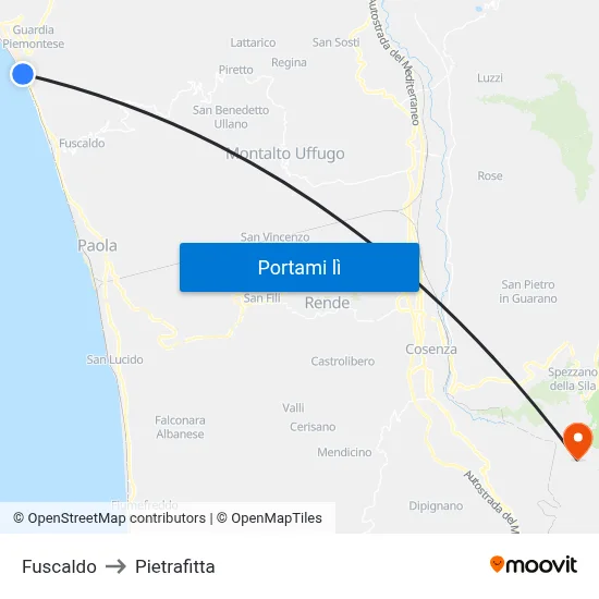 Fuscaldo to Pietrafitta map