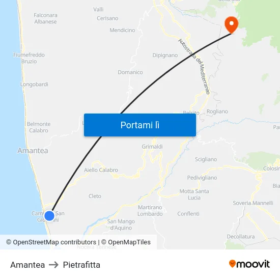 Amantea to Pietrafitta map