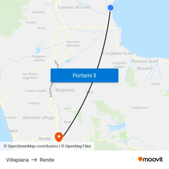 Villapiana to Rende map