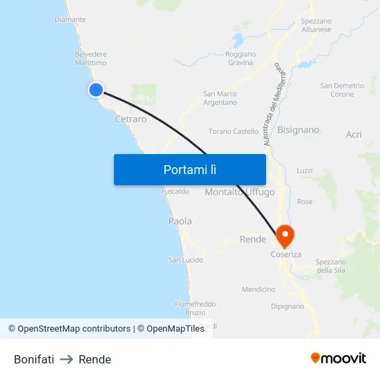 Bonifati to Rende map