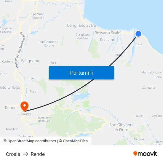 Crosia to Rende map