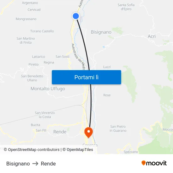 Bisignano to Rende map