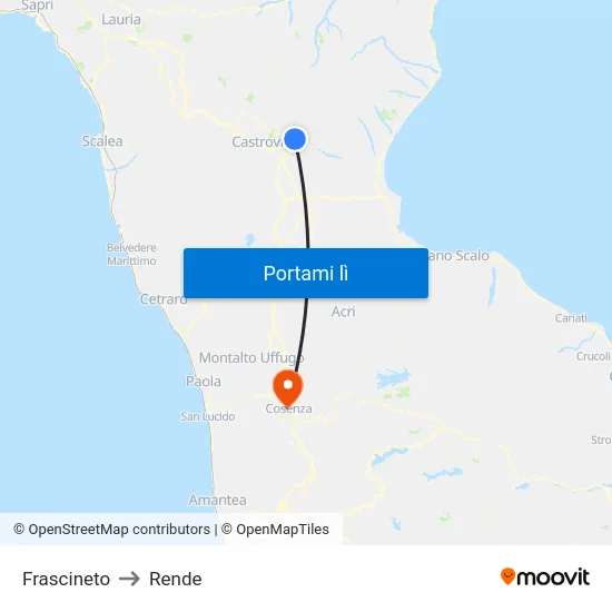 Frascineto to Rende map