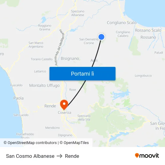 San Cosmo Albanese to Rende map