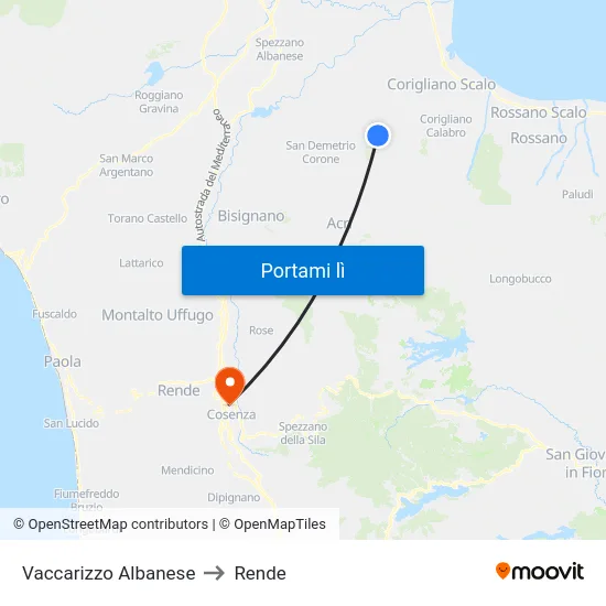 Vaccarizzo Albanese to Rende map
