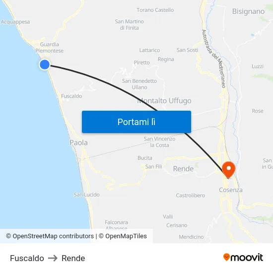 Fuscaldo to Rende map