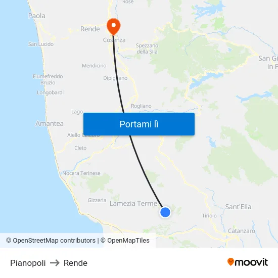 Pianopoli to Rende map
