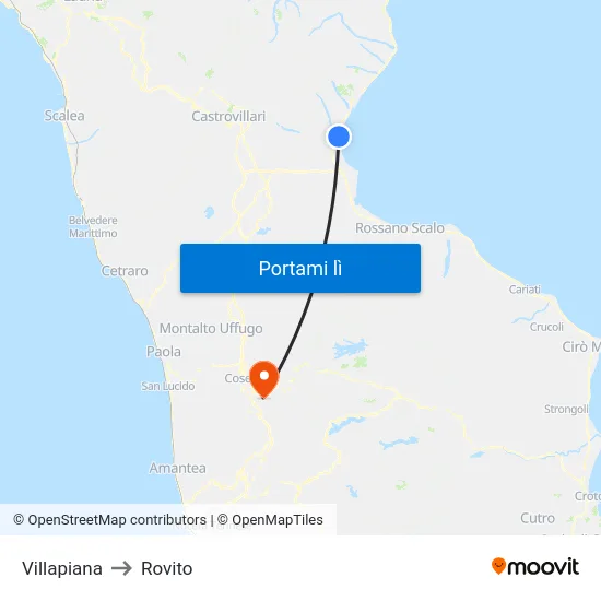 Villapiana to Rovito map