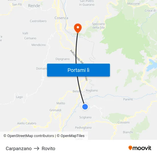 Carpanzano to Rovito map