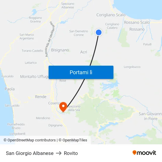 San Giorgio Albanese to Rovito map