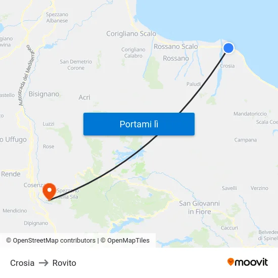 Crosia to Rovito map