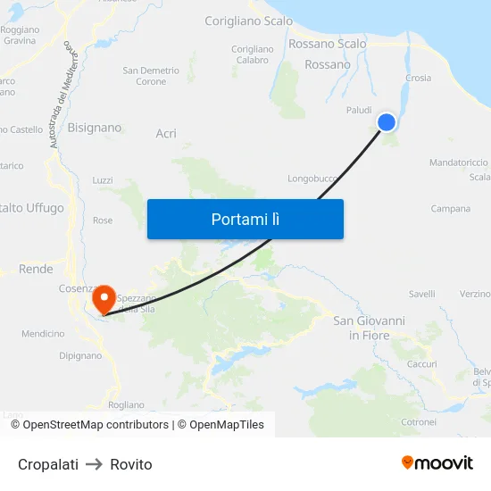 Cropalati to Rovito map