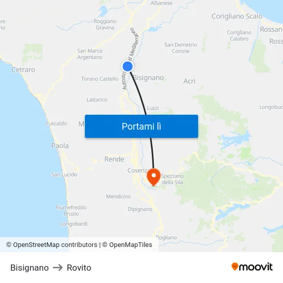 Bisignano to Rovito map