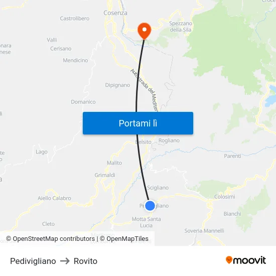 Pedivigliano to Rovito map