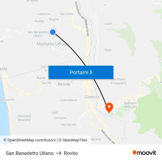 San Benedetto Ullano to Rovito map