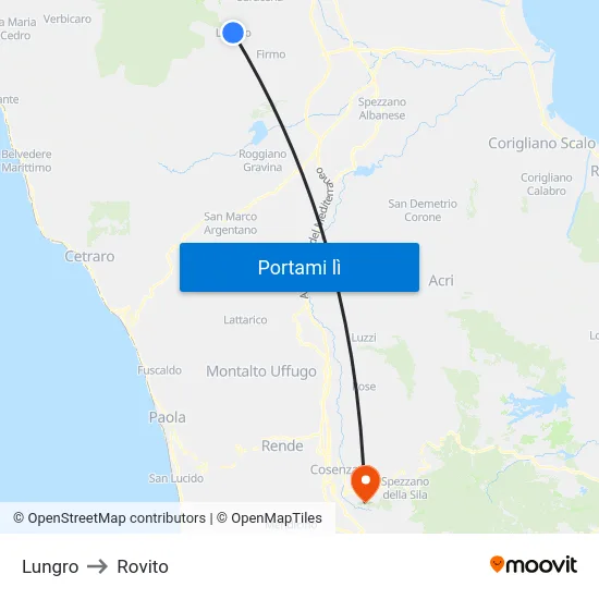 Lungro to Rovito map