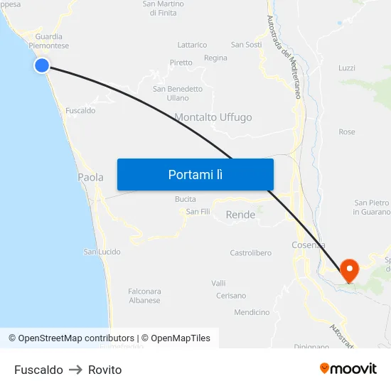 Fuscaldo to Rovito map