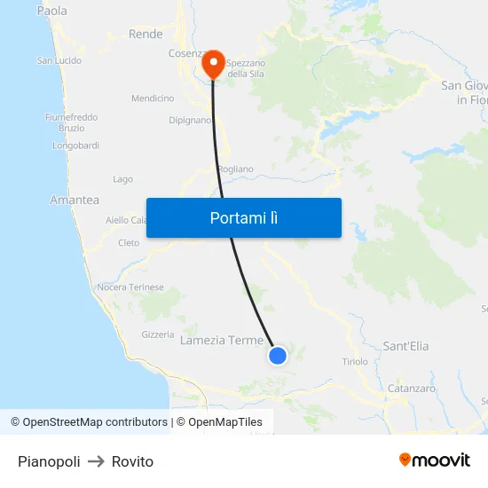 Pianopoli to Rovito map