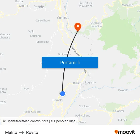Malito to Rovito map