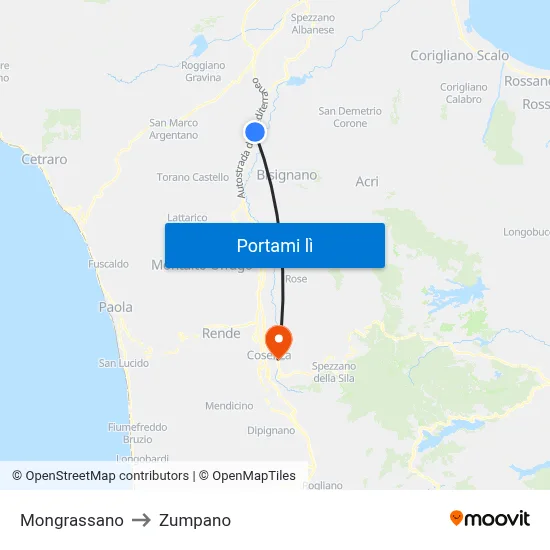 Mongrassano to Zumpano map