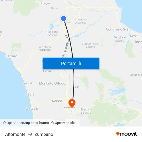 Altomonte to Zumpano map