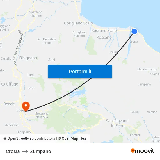 Crosia to Zumpano map