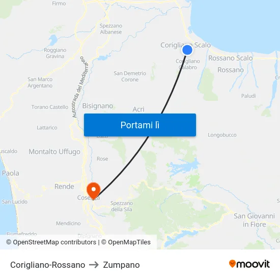 Corigliano-Rossano to Zumpano map