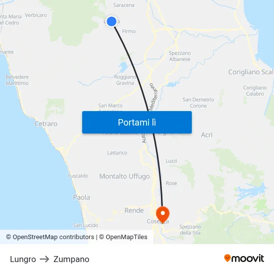 Lungro to Zumpano map