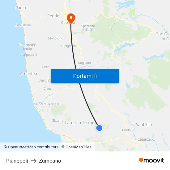 Pianopoli to Zumpano map
