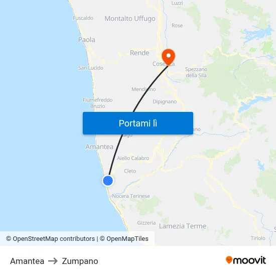 Amantea to Zumpano map