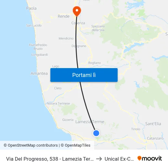 Via Del Progresso, 538 - Lamezia Terme to Unical Ex-Cud map