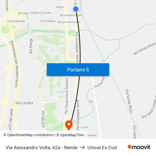 Via Alessandro Volta, 62a - Rende to Unical Ex-Cud map