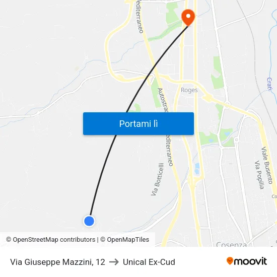 Via Giuseppe Mazzini, 12 to Unical Ex-Cud map