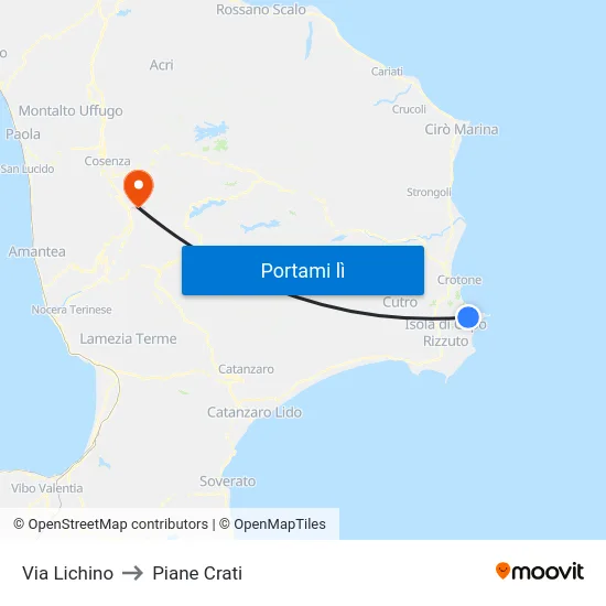Via Lichino to Piane Crati map