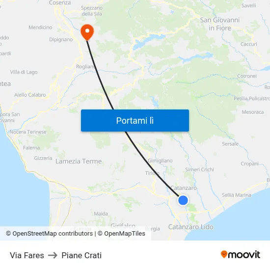 Via Fares to Piane Crati map