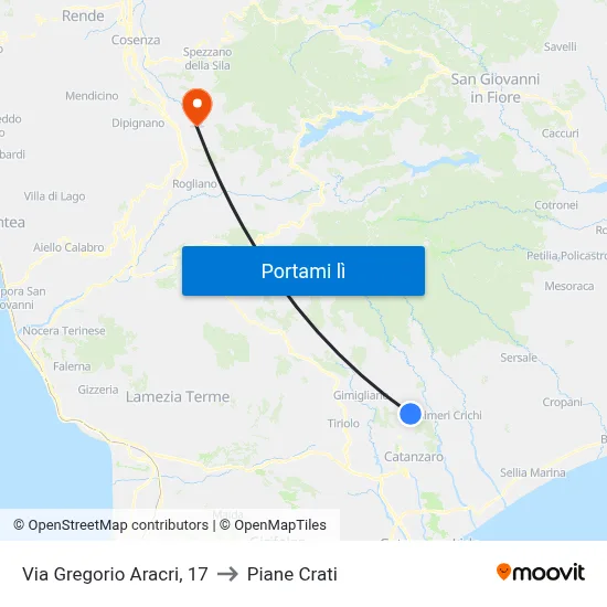 Via Gregorio Aracri, 17 to Piane Crati map