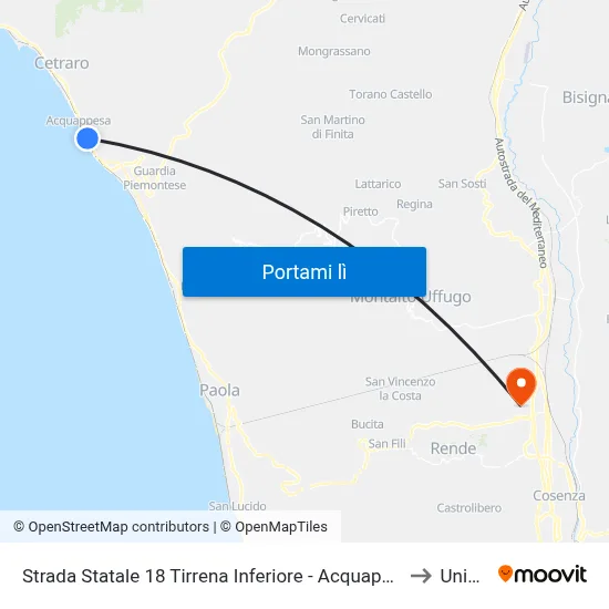 Strada Statale 18 Tirrena Inferiore - Acquappesa to Unical map
